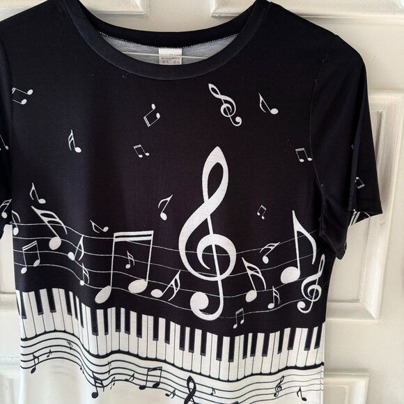 Music Note Piano Keyboard Top Size XL Black White Short Sleeve Stretch Shirt - Picture 4 of 8